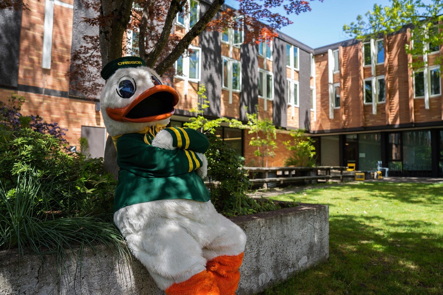 duck mascot outside bean hall