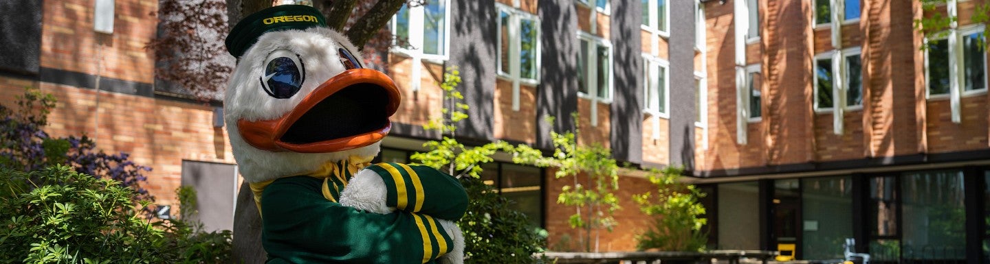 duck mascot outside bean hall