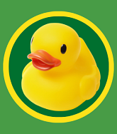 Rubbery Ducky facing left in side a dark green circle inside a yellow circle with a light green background
